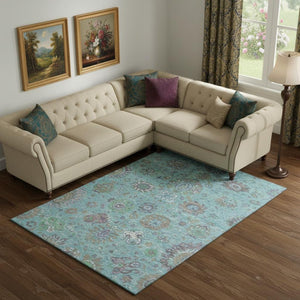 HomeRoots 10' X 14' Teal Gray Ivory Oriental Area Rug – Washable, Stain-Resistant, UV Protected for Busy Homes 710993