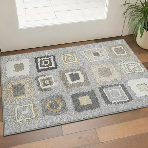 HomeRoots 5' X 8' Gray Ivory Beige Geometric Area Rug - Washable, UV Protected, Non-Slip, Pet-Friendly Design 710995