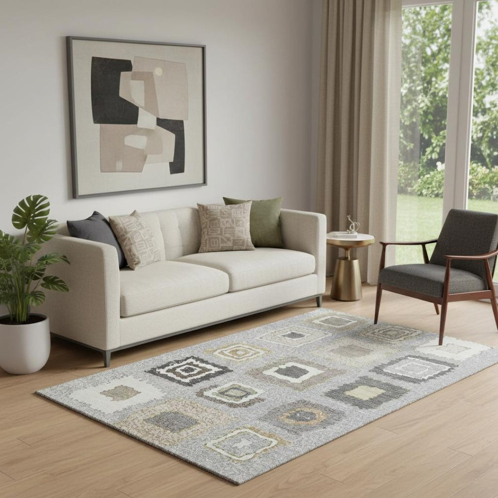 HomeRoots 8' Gray Ivory and Beige Geometric Washable Round Rug - Stylish, Durable, UV-Protected for Any Room 710996