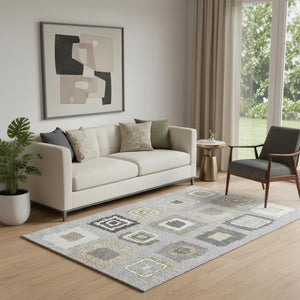 HomeRoots 8' Gray Ivory and Beige Geometric Washable Round Rug - Stylish, Durable, UV-Protected for Any Room 710996