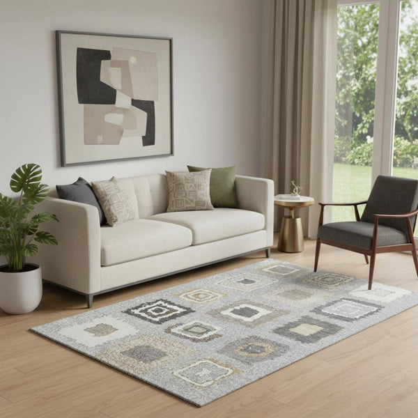 HomeRoots 8' Gray Ivory and Beige Geometric Washable Round Rug - Stylish, Durable, UV-Protected for Any Room 710996