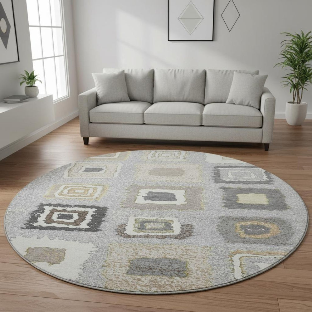 HomeRoots 8' x 10' Gray Ivory Beige Geometric Washable Area Rug – Durable, Stylish, UV-Protected & Stain Resistant! 710997