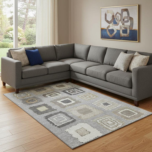 HomeRoots 9' X 12' Gray Ivory Beige Geometric Area Rug - Durable, Washable, UV-Protected for High Traffic Spaces 710998