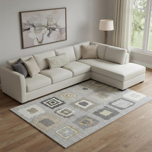 HomeRoots 10' X 14' Stylish Gray Ivory Beige Geometric Area Rug - Washable, UV Protected, Durable for Homes 710999