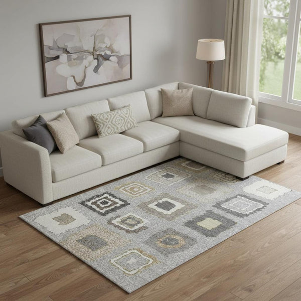 HomeRoots 10' X 14' Stylish Gray Ivory Beige Geometric Area Rug - Washable, UV Protected, Durable for Homes 710999