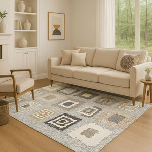 HomeRoots 10' X 14' Stylish Gray Ivory Beige Geometric Area Rug - Washable, UV Protected, Durable for Homes 710999