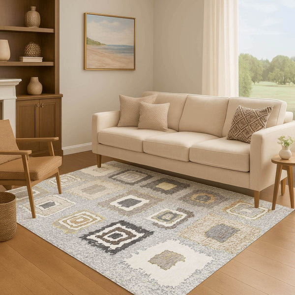 HomeRoots 10' X 14' Stylish Gray Ivory Beige Geometric Area Rug - Washable, UV Protected, Durable for Homes 710999