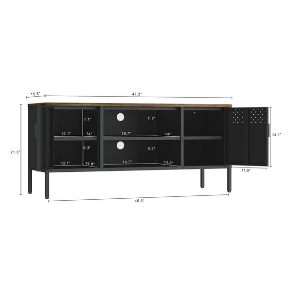 English Elm Landen 47" Metal Storage Cabinet with Wood Top and Cable Management — Sleek Industrial TV Console, Adjustable Legs Black B365P397848