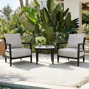 English Elm 3pc Outdoor Aluminum Chat Set Sintered Stone Table Sunbrella Cushions Patio Lounge W1886S00038