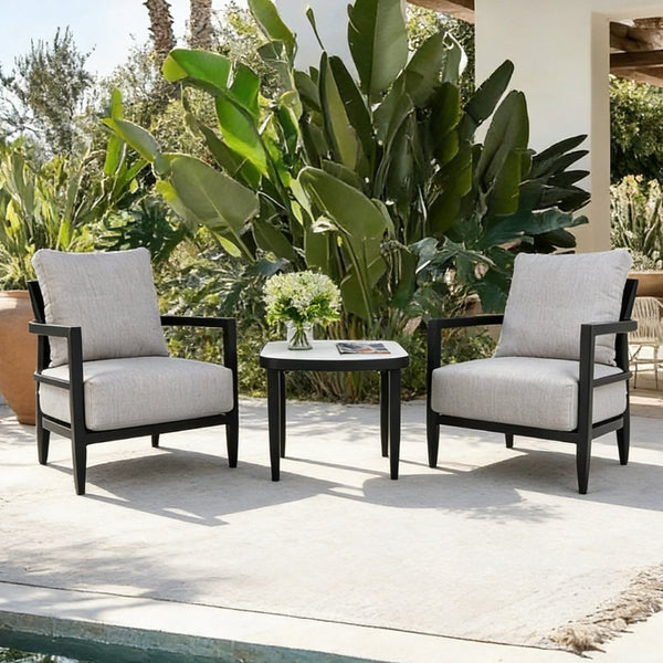English Elm 3pc Outdoor Aluminum Chat Set Sintered Stone Table Sunbrella Cushions Patio Lounge W1886S00038