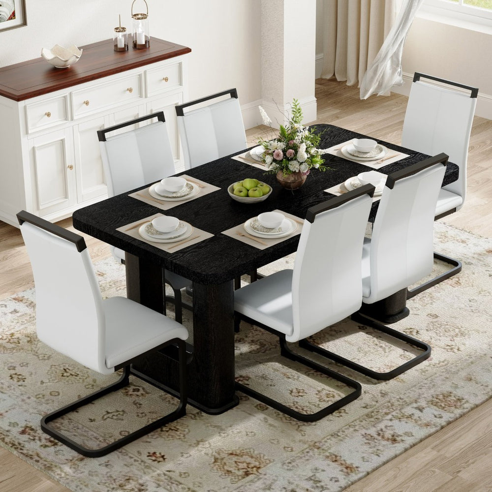 English Elm Table Set 64.5" Stylish Black Wood Dining Table With 6 White Pu Chairs - Modern Elegance For Your Home W1151S04303-GIGA