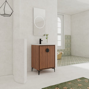 English Elm 24'' Modern Brown Bathroom Vanity with Drop-In Ceramic Sink, Engineered Wood, Soft-Close Doors, Ample Storage W1972S00001