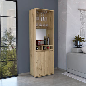 English Elm Bar Double Door Cabinet 70.8" High Light Oak Beige w/ 12-Glass Rack, 5 Bottle Cubbies & 2 Shelves B097S00154