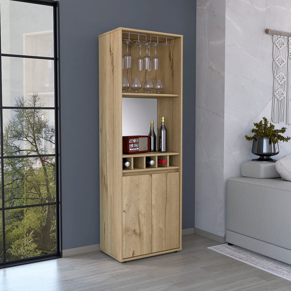 English Elm Bar Double Door Cabinet 70.8" High Light Oak Beige w/ 12-Glass Rack, 5 Bottle Cubbies & 2 Shelves B097S00154