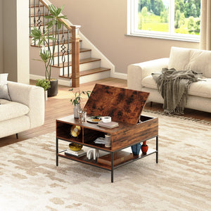 English Elm Farmhouse Flip Top Coffee Table With Hidden Storage – Rustic Wood & Metal Design For Stylish Living Rooms T2398P354184