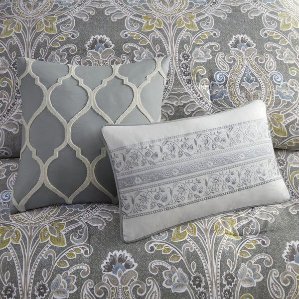 English Elm 6 Piece Cotton Comforter Set – Elegant Grey King Size Bedding With Decorative Pillows & Bedskirt B03595745