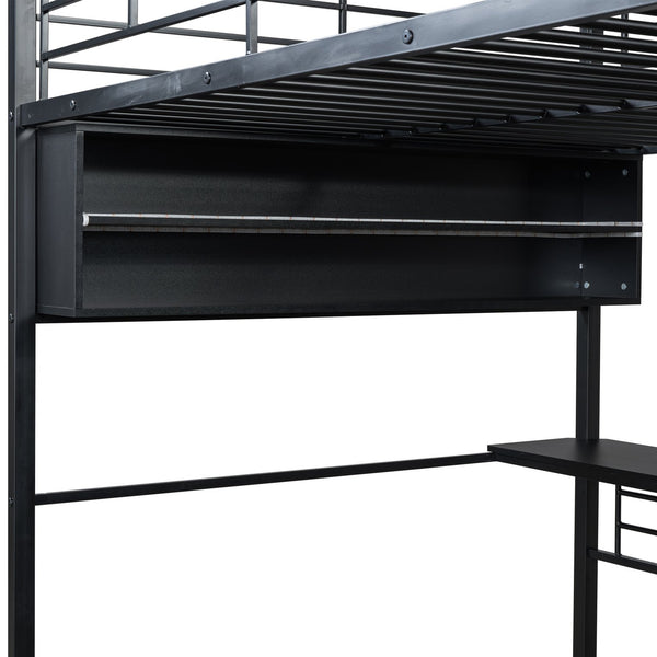 English Elm Full Metal Loft Bed with LED Desk & 4 Shelves, Black – Sturdy Full Frame, Color-Changing Lights, Compact GX000653AAB