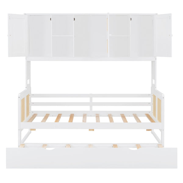 English Elm Twin Size Wooden Daybed With Trundle, Integrated Storage Cabinet & Modern White Finish For Space-Saving N820S00048K-GIGA
