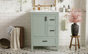 English Elm Modern 24 Inch Bathroom Vanity Solid Wood Cabinet with Ceramic Sink and Soft Close Storage Green N729P292859F