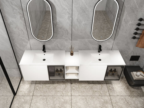English Elm 84'' Freestanding Double Sink Bathroom Vanity Oak Finish Soft Close Storage Cabinet W999S00534