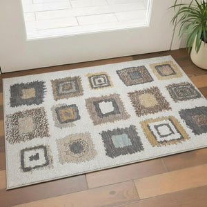 HomeRoots 5' X 8' Modern Ivory Gray Brown Geometric Area Rug - Washable, UV Protected, Kid & Pet Friendly 711001