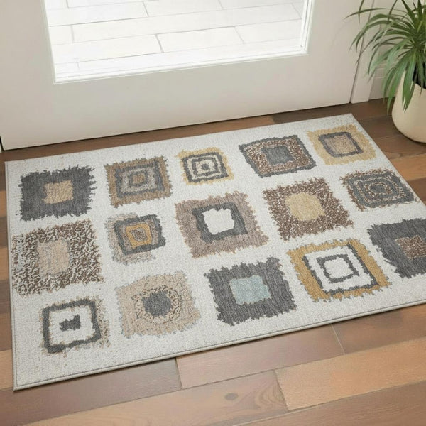HomeRoots 5' X 8' Modern Ivory Gray Brown Geometric Area Rug - Washable, UV Protected, Kid & Pet Friendly 711001