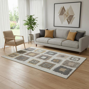 HomeRoots 8' Modern Geometric Washable Round Rug in Ivory, Gray & Brown - UV Protected, Non-Slip & Stain Resistant 711002