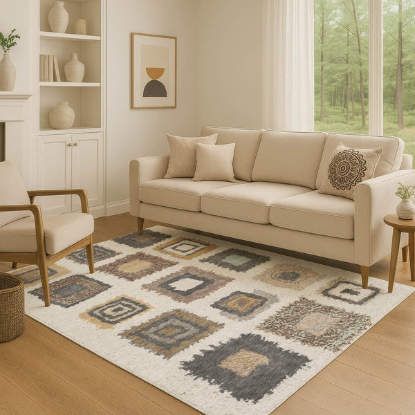 HomeRoots 8' Modern Geometric Washable Round Rug in Ivory, Gray & Brown - UV Protected, Non-Slip & Stain Resistant 711002