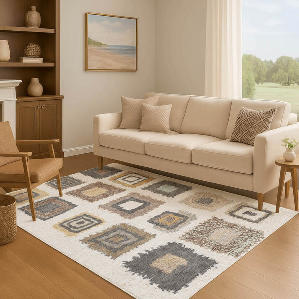 HomeRoots 8' Modern Geometric Washable Round Rug in Ivory, Gray & Brown - UV Protected, Non-Slip & Stain Resistant 711002