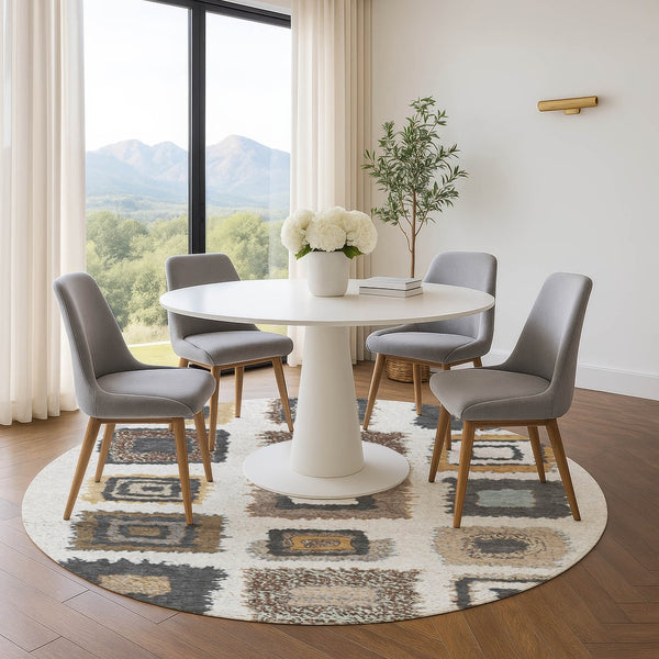 HomeRoots 8' X 10' Geometric Washable Area Rug in Ivory Gray & Brown - Durable, Easy-Care, UV-Protected Design 711003