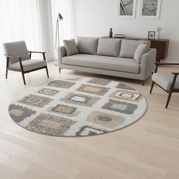 HomeRoots 8' X 10' Geometric Washable Area Rug in Ivory Gray & Brown - Durable, Easy-Care, UV-Protected Design 711003