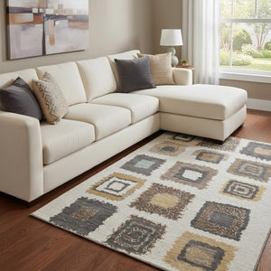 HomeRoots 9' X 12' Geometric Area Rug in Ivory, Gray & Brown - Stain Resistant, UV Protected, Easy Care! 711004