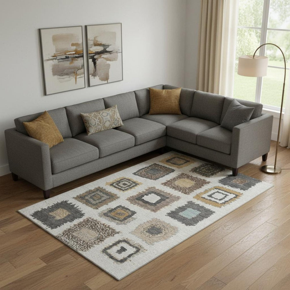 HomeRoots 10' X 14' Modern Ivory Gray Brown Geometric Area Rug – Stain Resistant, UV Protected for Homes 711005