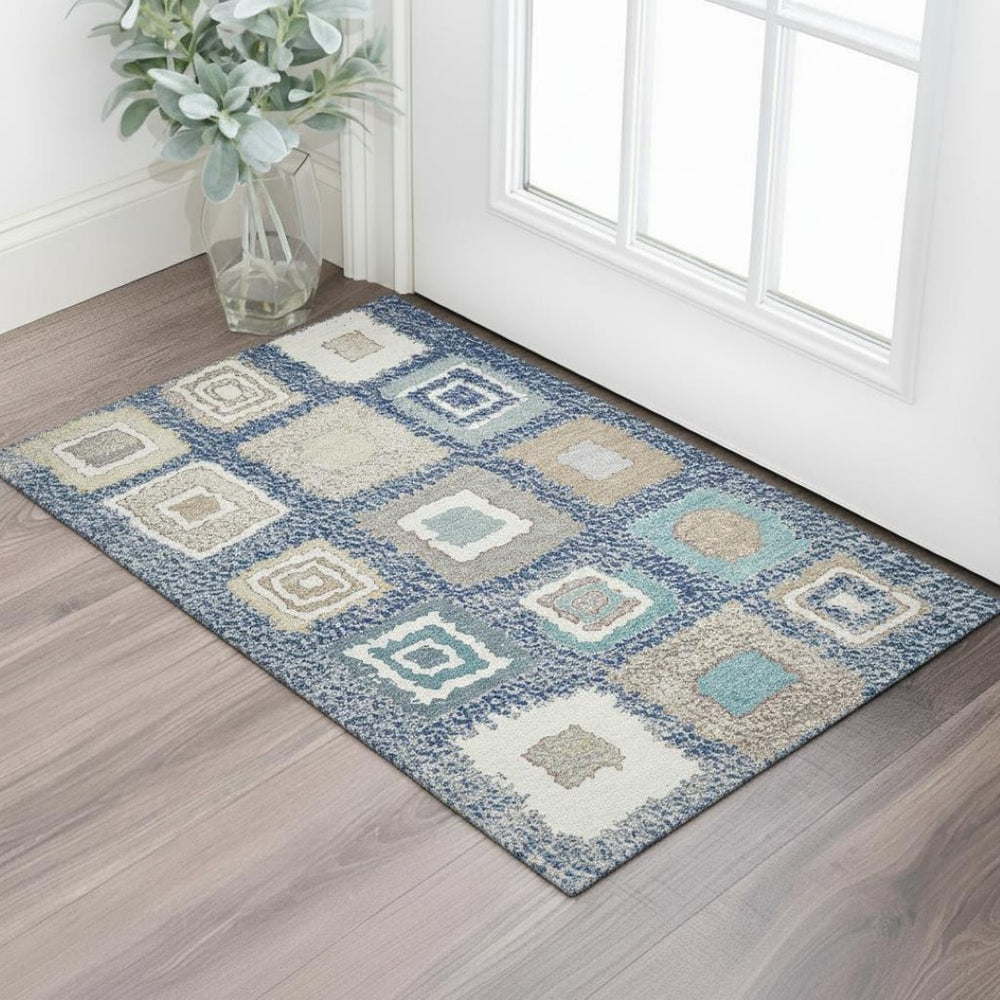 HomeRoots 5' X 8' Navy Blue Geometric Area Rug – Washable, UV Protected, Stain Resistant for Modern Homes 711007