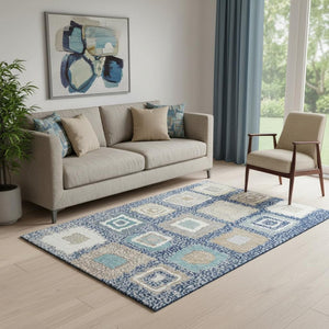 HomeRoots 8' Navy Blue, Ivory & Beige Geometric Round Rug - Washable, Stain Resistant, UV Protected & Stylish! 711008