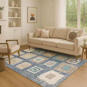 HomeRoots 8' Navy Blue, Ivory & Beige Geometric Round Rug - Washable, Stain Resistant, UV Protected & Stylish! 711008