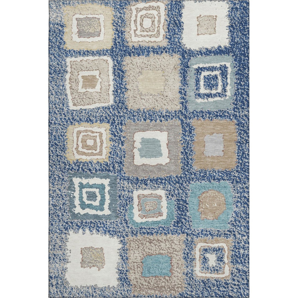 HomeRoots 8' Navy Blue, Ivory & Beige Geometric Round Rug - Washable, Stain Resistant, UV Protected & Stylish! 711008