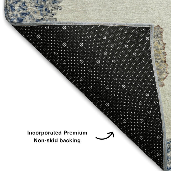 HomeRoots 8' Navy Blue, Ivory & Beige Geometric Round Rug - Washable, Stain Resistant, UV Protected & Stylish! 711008