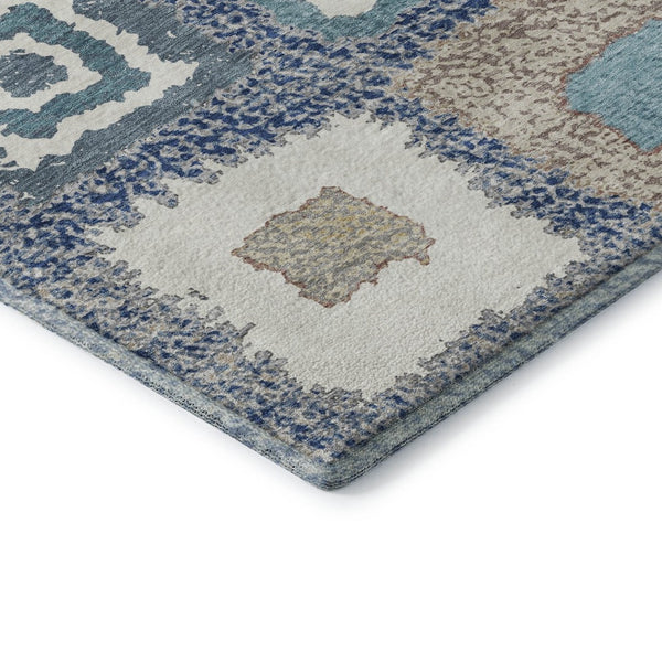 HomeRoots 8' Navy Blue, Ivory & Beige Geometric Round Rug - Washable, Stain Resistant, UV Protected & Stylish! 711008