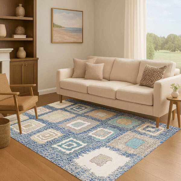 HomeRoots 8' Navy Blue, Ivory & Beige Geometric Round Rug - Washable, Stain Resistant, UV Protected & Stylish! 711008
