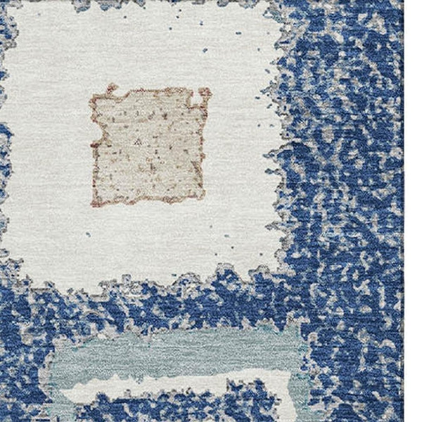 HomeRoots 8' Navy Blue, Ivory & Beige Geometric Round Rug - Washable, Stain Resistant, UV Protected & Stylish! 711008