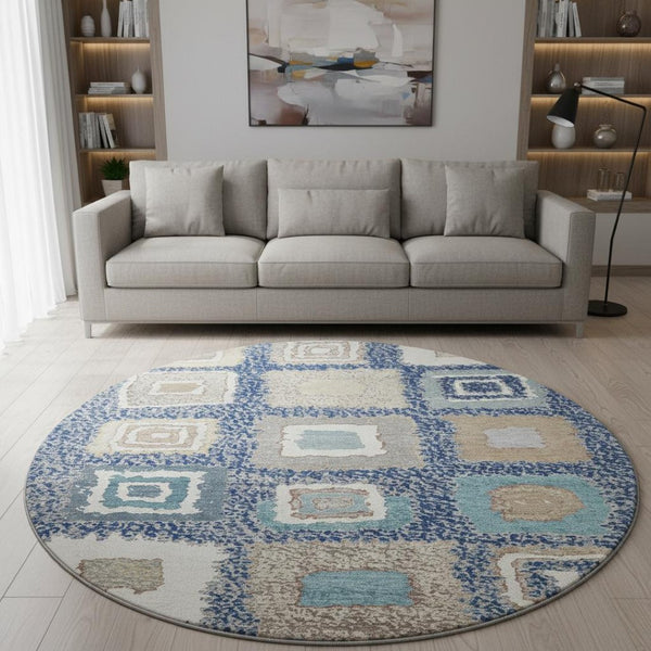 HomeRoots 8' X 10' Navy Blue Geometric Area Rug – Washable, UV-Protected, Stylish & Durable for Family Homes 711009