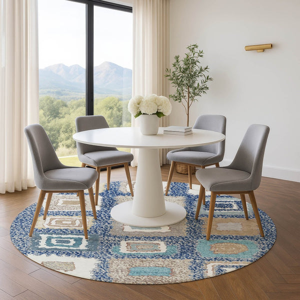 HomeRoots 8' X 10' Navy Blue Geometric Area Rug – Washable, UV-Protected, Stylish & Durable for Family Homes 711009