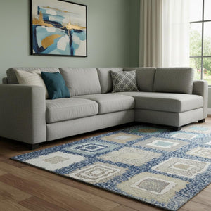 HomeRoots 9' X 12' Geometric Navy Blue Ivory Beige Area Rug - Washable, UV Protected & Stain Resistant Design 711010