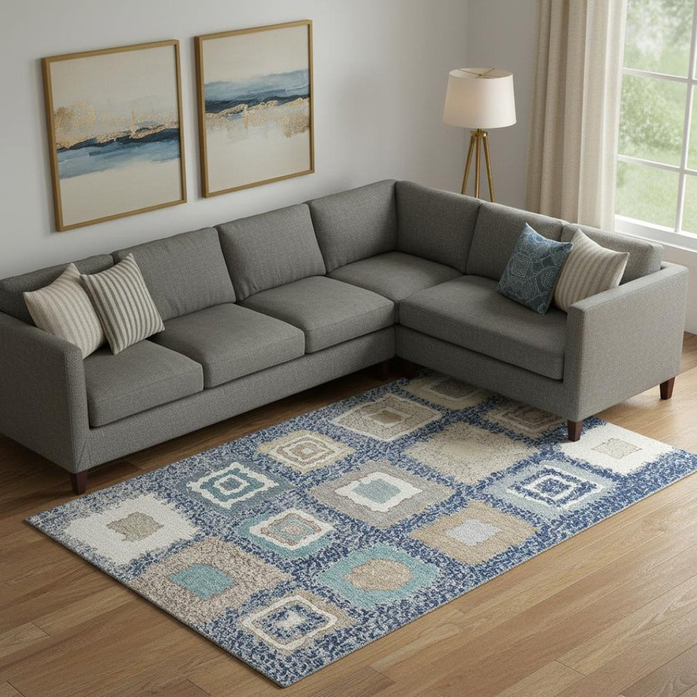 HomeRoots 10' Navy Blue Geometric Area Rug – Washable, Stain Resistant, UV Protected for Homes with Kids & Pets 711011