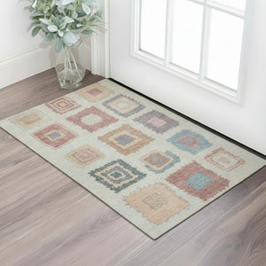 HomeRoots 5' Modern Geometric Peach Ivory & Blue Area Rug - Washable, UV Protected, Perfect for Kids & Pets! 711013