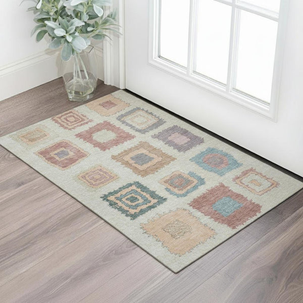 HomeRoots 5' Modern Geometric Peach Ivory & Blue Area Rug - Washable, UV Protected, Perfect for Kids & Pets! 711013
