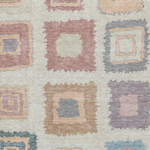 HomeRoots 5' Modern Geometric Peach Ivory & Blue Area Rug - Washable, UV Protected, Perfect for Kids & Pets! 711013