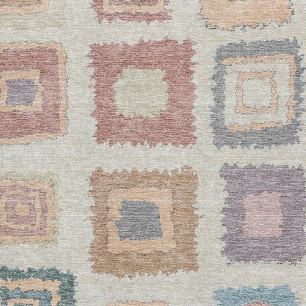 HomeRoots 5' Modern Geometric Peach Ivory & Blue Area Rug - Washable, UV Protected, Perfect for Kids & Pets! 711013