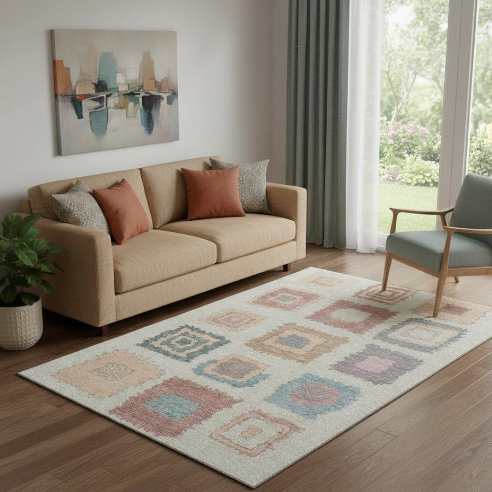 HomeRoots 8' Stylish Peach, Ivory & Blue Geometric Washable Round Rug with UV Protection for Modern Homes 711014